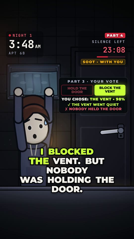 Part 4 opening frame: near-black, the vote result card, the hook caption